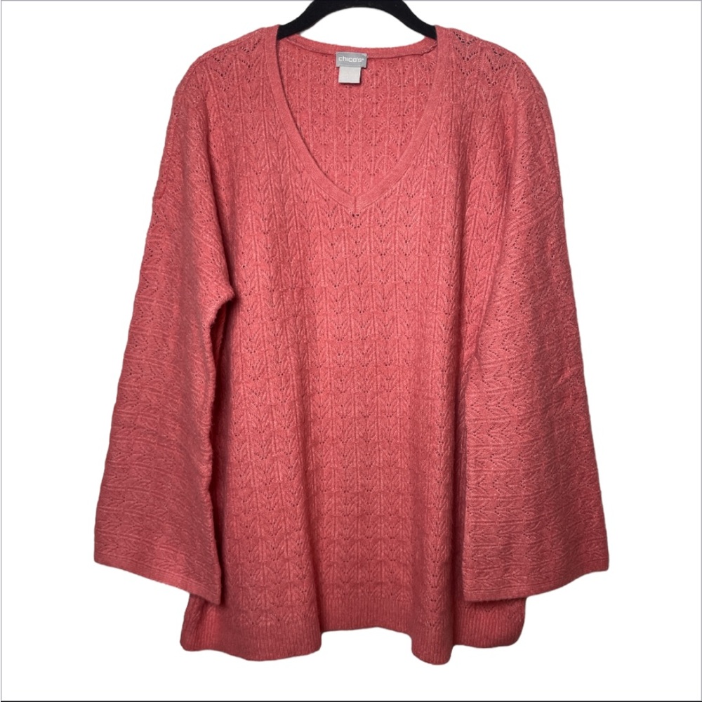 Chicos Womens Coral V Neck Long kimono bell Sleeve knit sweater Size 2 Large